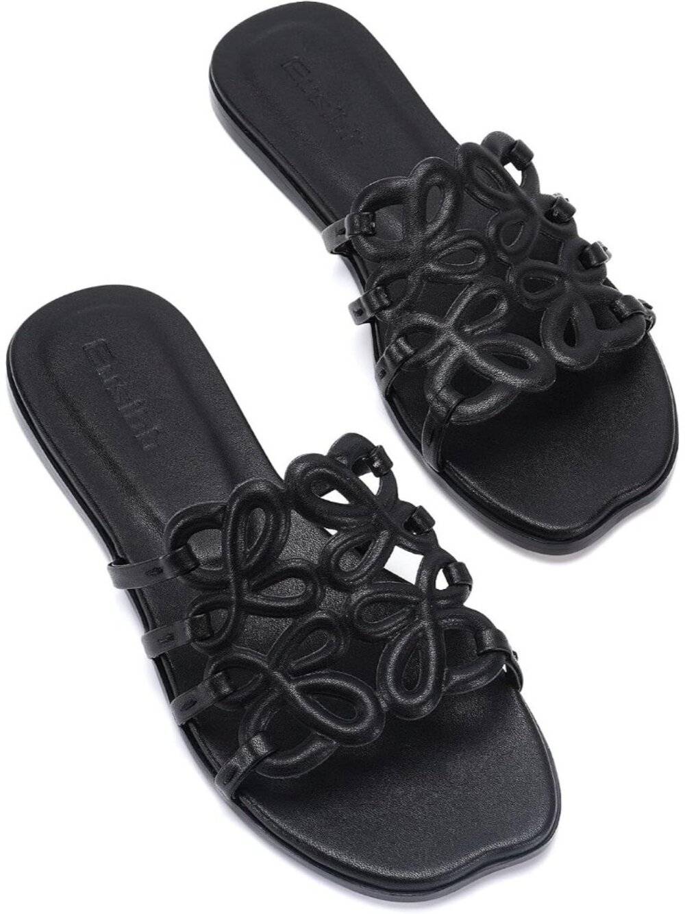 Women's Black Rubber Ankle Strap Open Toe Flats Slip On Comfortable Shoes